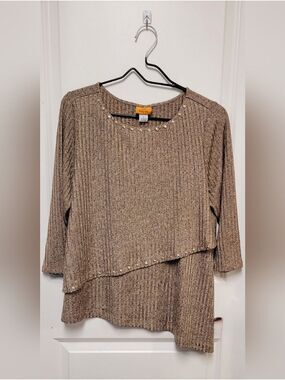 Ruby Rd. Gold Shimmer Rivet Trim Long Sleeve Knit Bouse